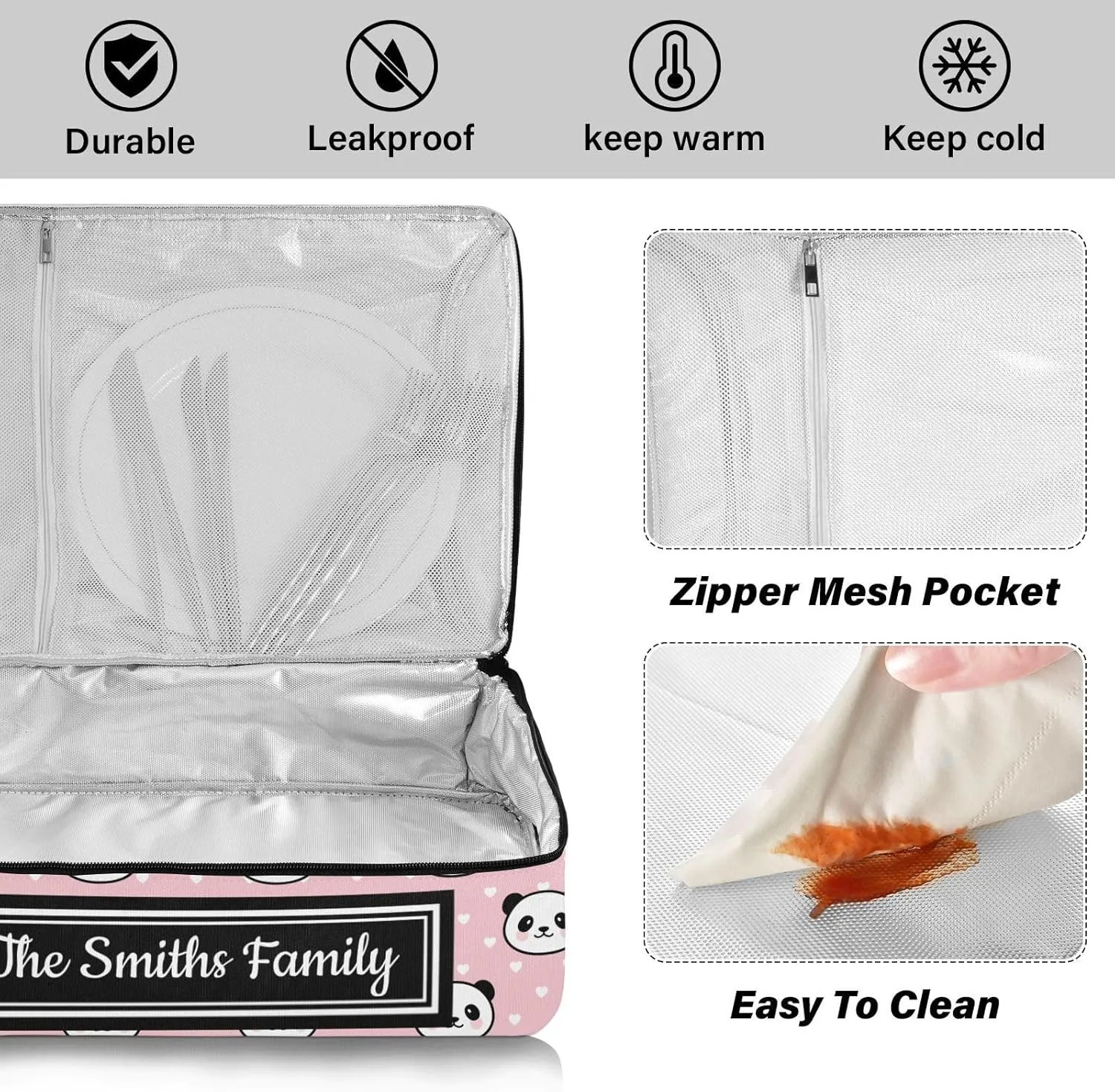 Custom Casserole Dish Carrier Bag Pandas White Heart Personalized Insulated Casserole Carrier Portable Leakproof Food Carrier for Travel, Potluck Parties, Beach