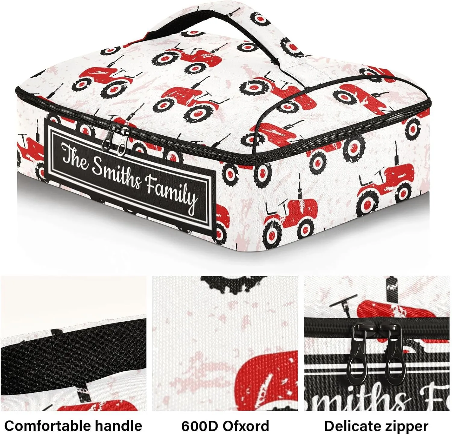 Custom Casserole Dish Carrier Bag Red Old Wheeled Tractors Personalized Insulated Casserole Carrier Portable Leakproof Food Carrier for Travel, Potluck Parties, Beach