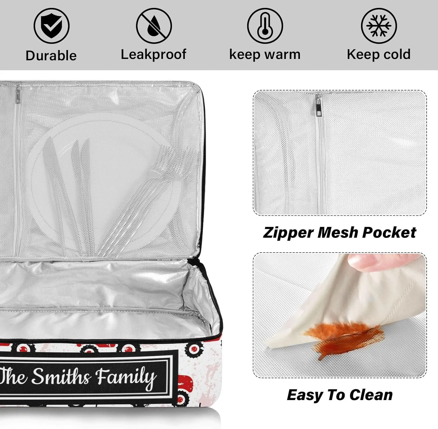 Custom Casserole Dish Carrier Bag Red Old Wheeled Tractors Personalized Insulated Casserole Carrier Portable Leakproof Food Carrier for Travel, Potluck Parties, Beach