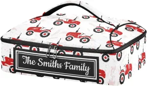 Custom Casserole Dish Carrier Bag Red Old Wheeled Tractors Personalized Insulated Casserole Carrier Portable Leakproof Food Carrier for Travel, Potluck Parties, Beach