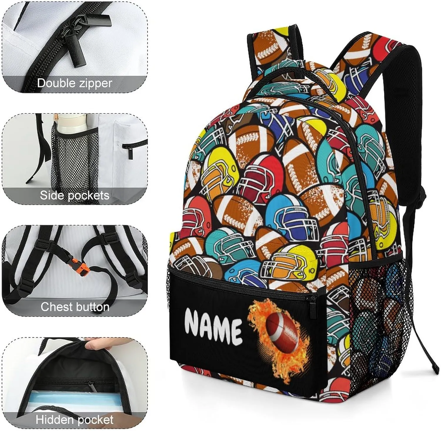 Custom Colorful American Football Backpack for Kids Boys Girls Personalized Name Text Children Backpack School Bag Customized Daypack Schoolbag for Student Bookbag