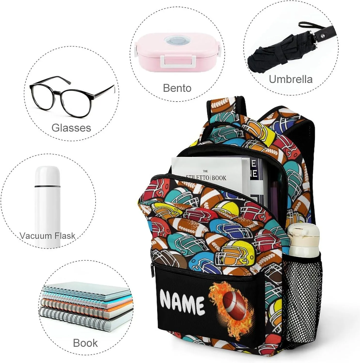 Custom Colorful American Football Backpack for Kids Boys Girls Personalized Name Text Children Backpack School Bag Customized Daypack Schoolbag for Student Bookbag