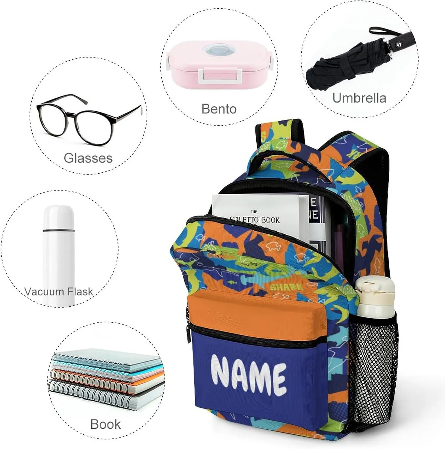 Custom Colorful Shark Backpack for Kids Boys Girls Personalized Name Text Children Backpack School Bag Customized Daypack Schoolbag for Student Bookbag