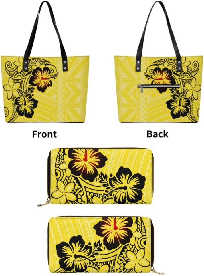 Custom Design Samoa Hibiscus Flower Leather Purse 2 Polynesian Women'S Tote Large Capacity Shoulder Bag