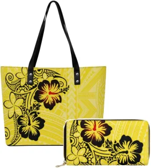 Custom Design Samoa Hibiscus Flower Leather Purse 2 Polynesian Women'S Tote Large Capacity Shoulder Bag