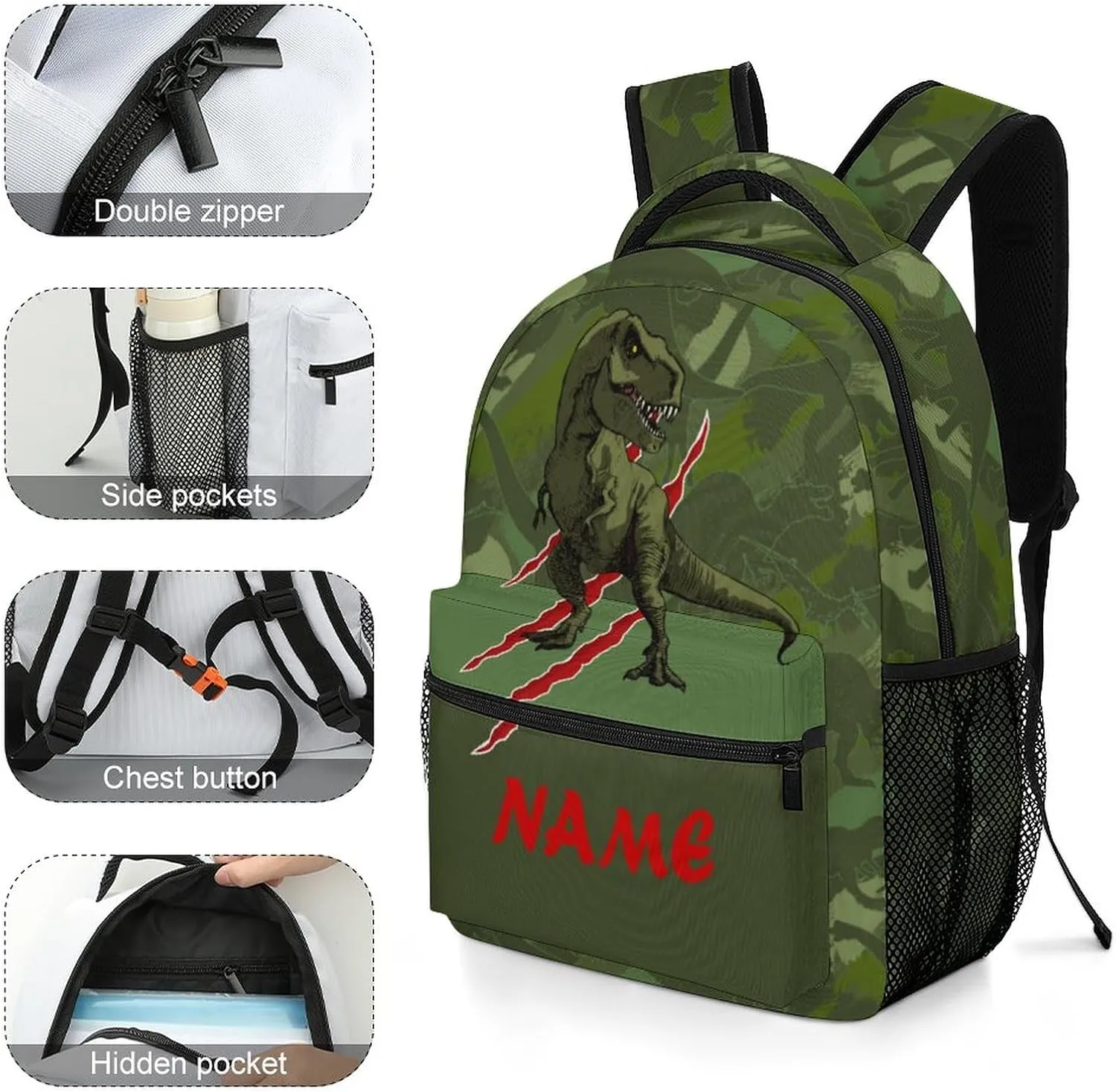 Custom Green Dinosaur T-Rex Claw Backpack for Kids Boys Girls Personalized Name Text Children Backpack School Bag Customized Daypack Schoolbag for Student Bookbag