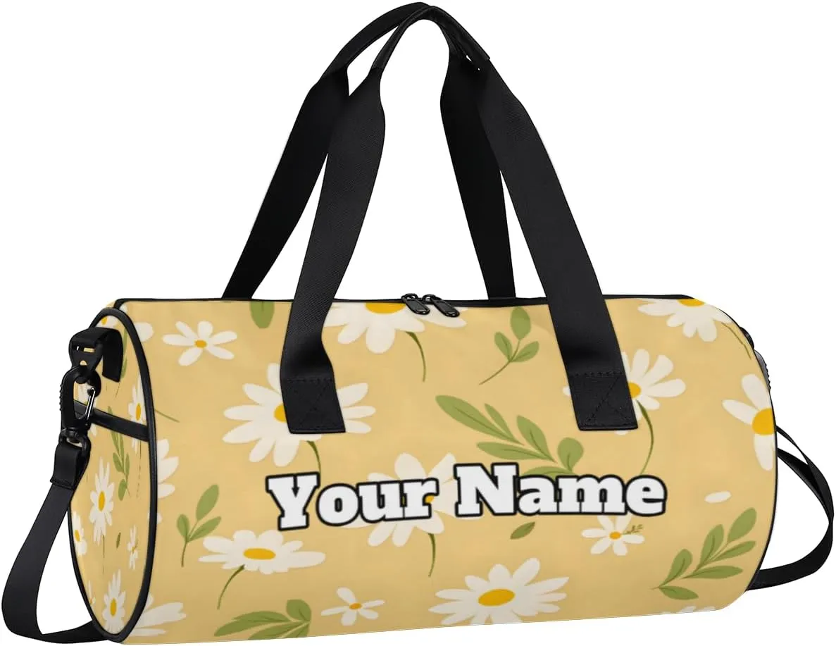 Custom Gym Bag for Women Men with Name, Personalized Daisy Floral Duffel Bag for Sports, Waterproof Dance Bag, Lightweight Carryon Gym Bag, Flower