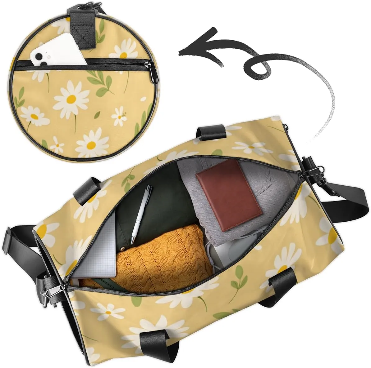 Custom Gym Bag for Women Men with Name, Personalized Daisy Floral Duffel Bag for Sports, Waterproof Dance Bag, Lightweight Carryon Gym Bag, Flower