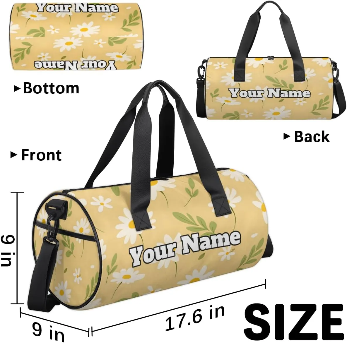 Custom Gym Bag for Women Men with Name, Personalized Daisy Floral Duffel Bag for Sports, Waterproof Dance Bag, Lightweight Carryon Gym Bag, Flower