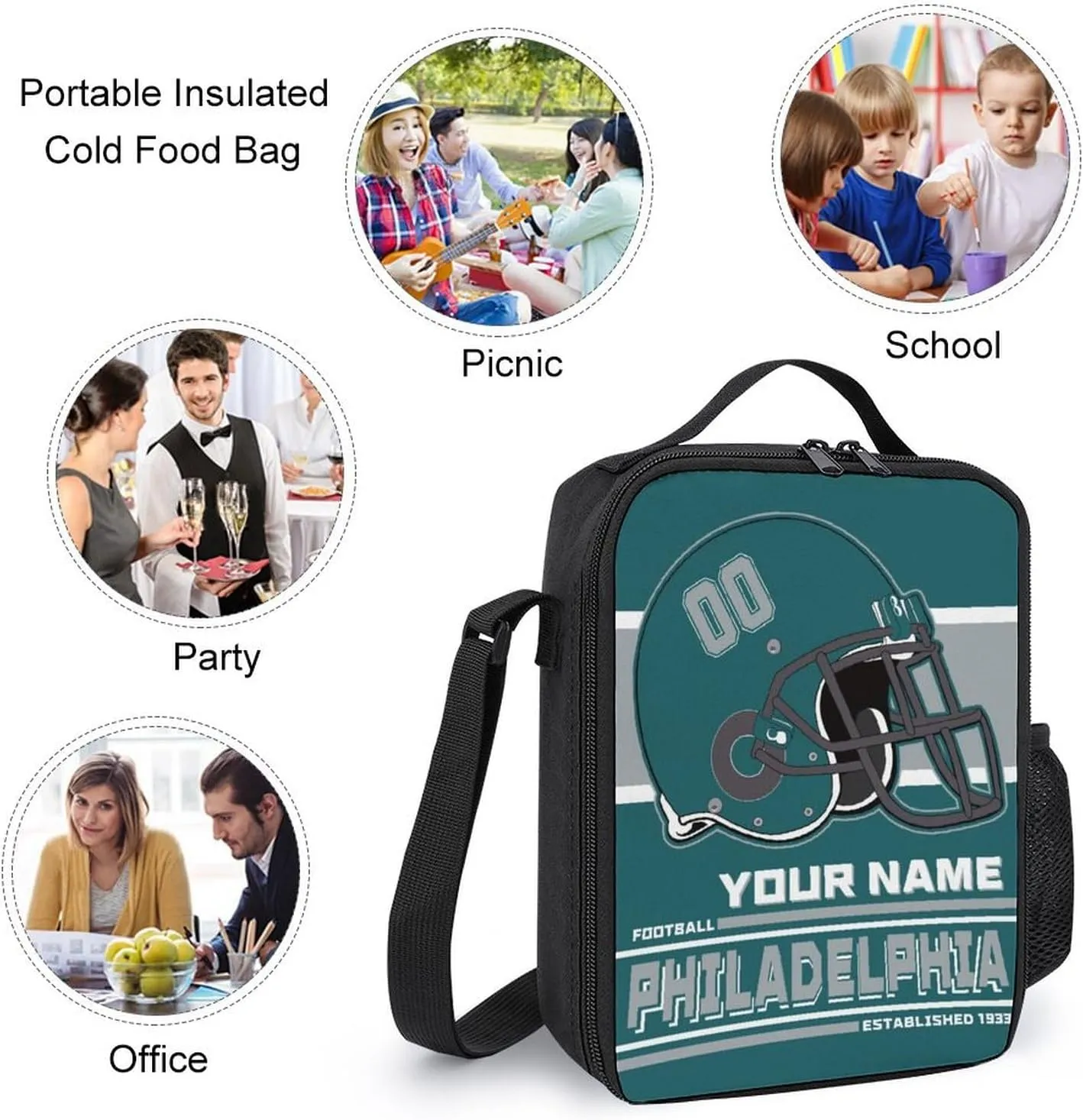 Custom Philadelphia Lunch Bag Gifts for Men Women Personalized Name Number Adjustable Strap Lunch Box Sport Insulated Lunch Tote