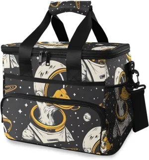 Cute Astronaut Duck Black Cooler Bag Insulated Cooler Soft Sided Cooler 24 Can Portable Picnic Bag Large Leakproof Lunch Bag Box for Beach Grocery Camping Travel Car Men Women