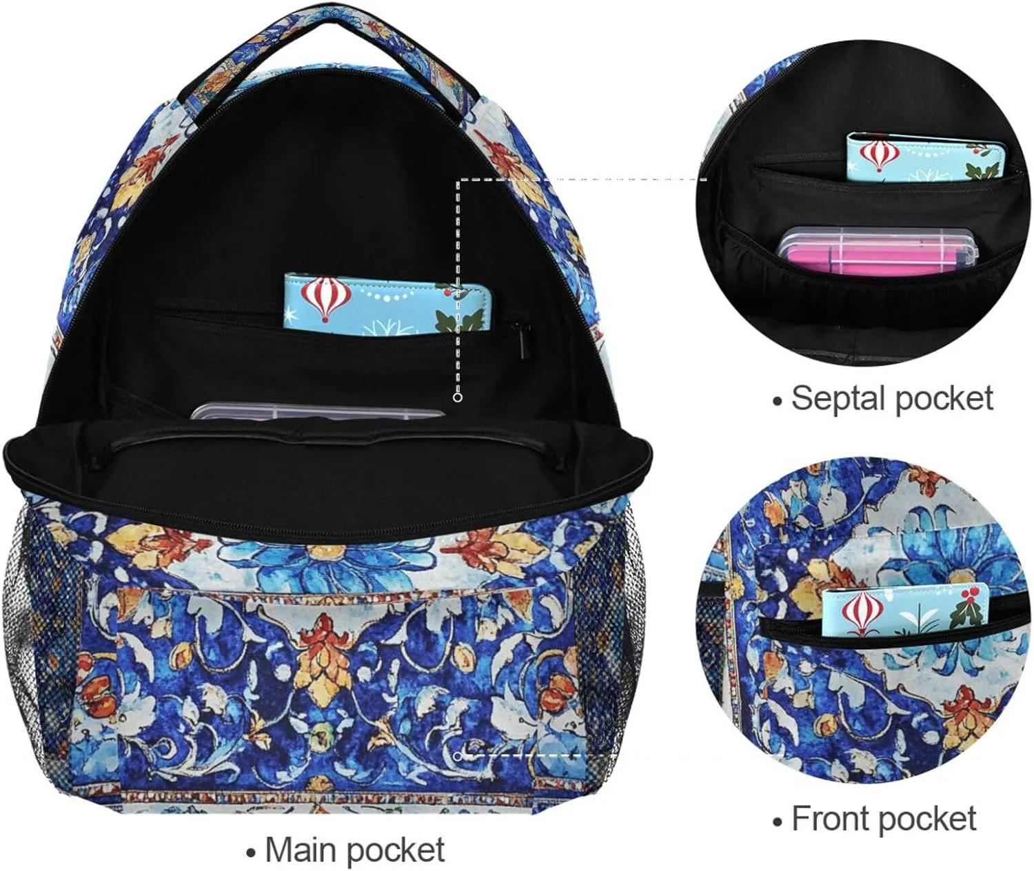 Cute Backpack for Men Women Waterproof Laptop Bookbag with Chest Strap for Travel Trip Bohemian Boho Vintage Style Flower