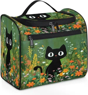 Cute Black Cat Flower Painting Makeup Bag for women and girl Toiletry Bag Travel Make Up Organizer Bag Wash Bag with holder