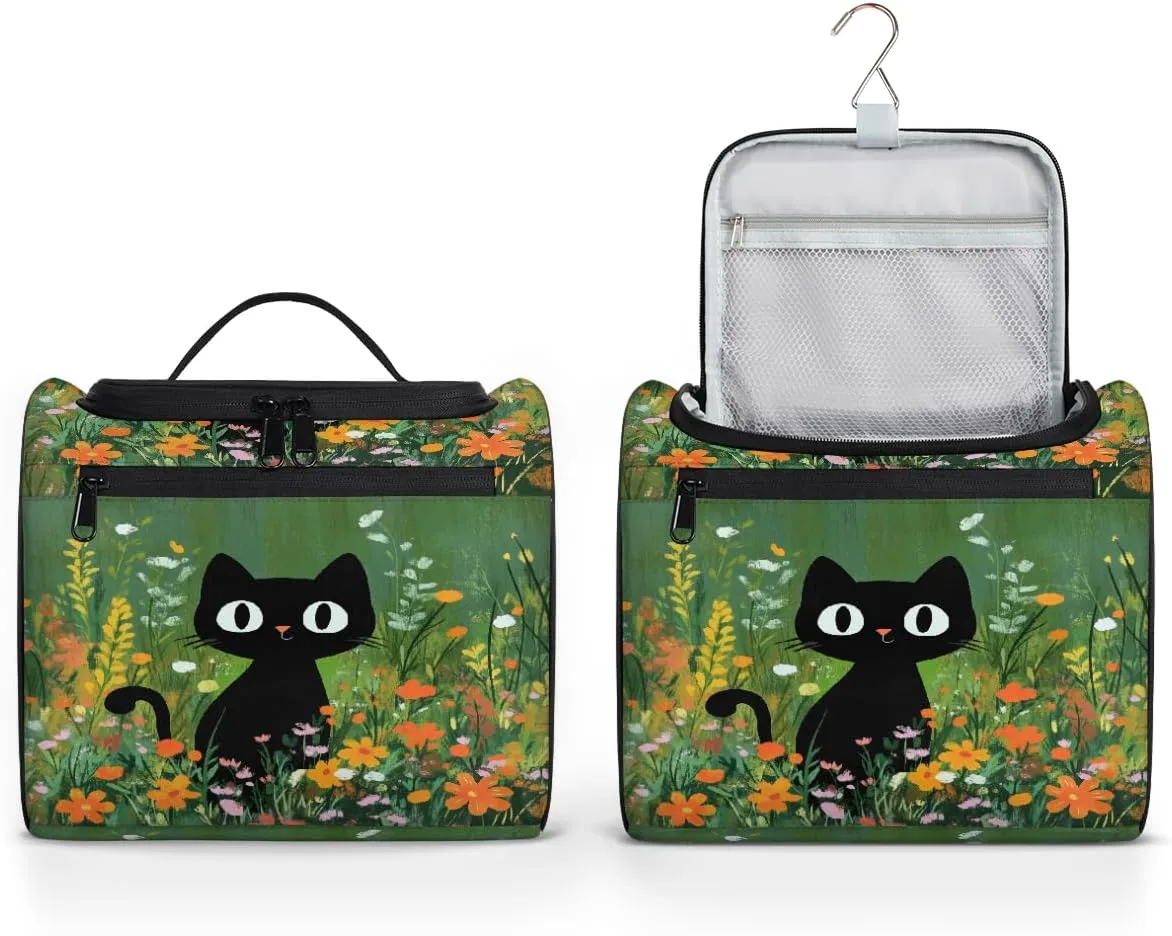 Cute Black Cat Flower Painting Makeup Bag for women and girl Toiletry Bag Travel Make Up Organizer Bag Wash Bag with holder