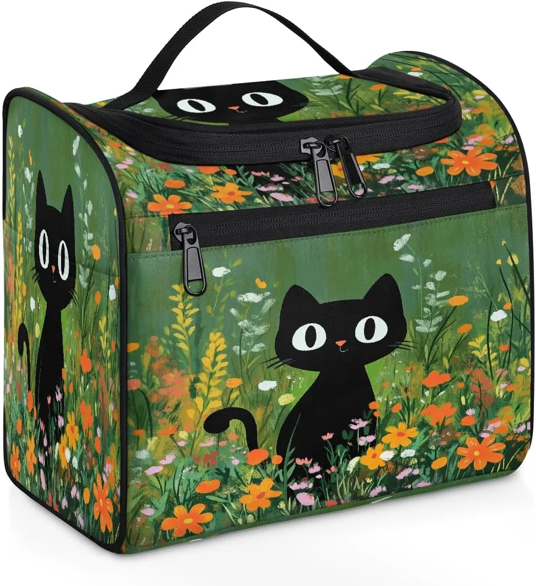 Cute Black Cat Flower Painting Makeup Bag for women and girl Toiletry Bag Travel Make Up Organizer Bag Wash Bag with holder