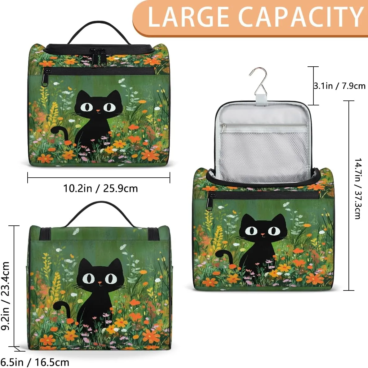 Cute Black Cat Flower Painting Makeup Bag for women and girl Toiletry Bag Travel Make Up Organizer Bag Wash Bag with holder
