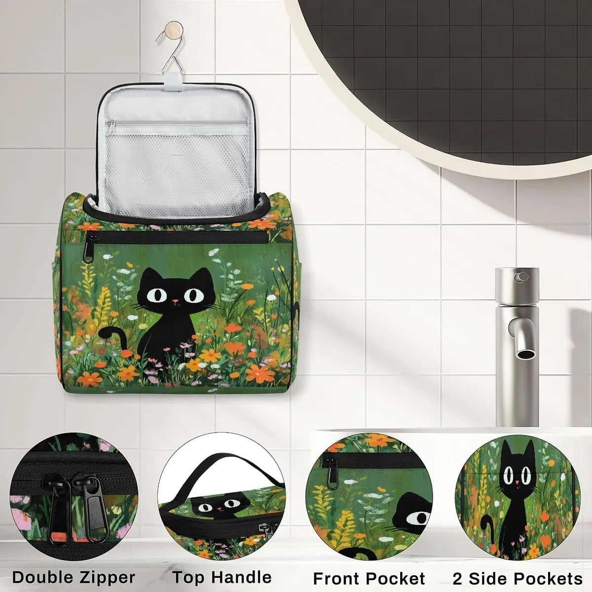 Cute Black Cat Flower Painting Makeup Bag for women and girl Toiletry Bag Travel Make Up Organizer Bag Wash Bag with holder