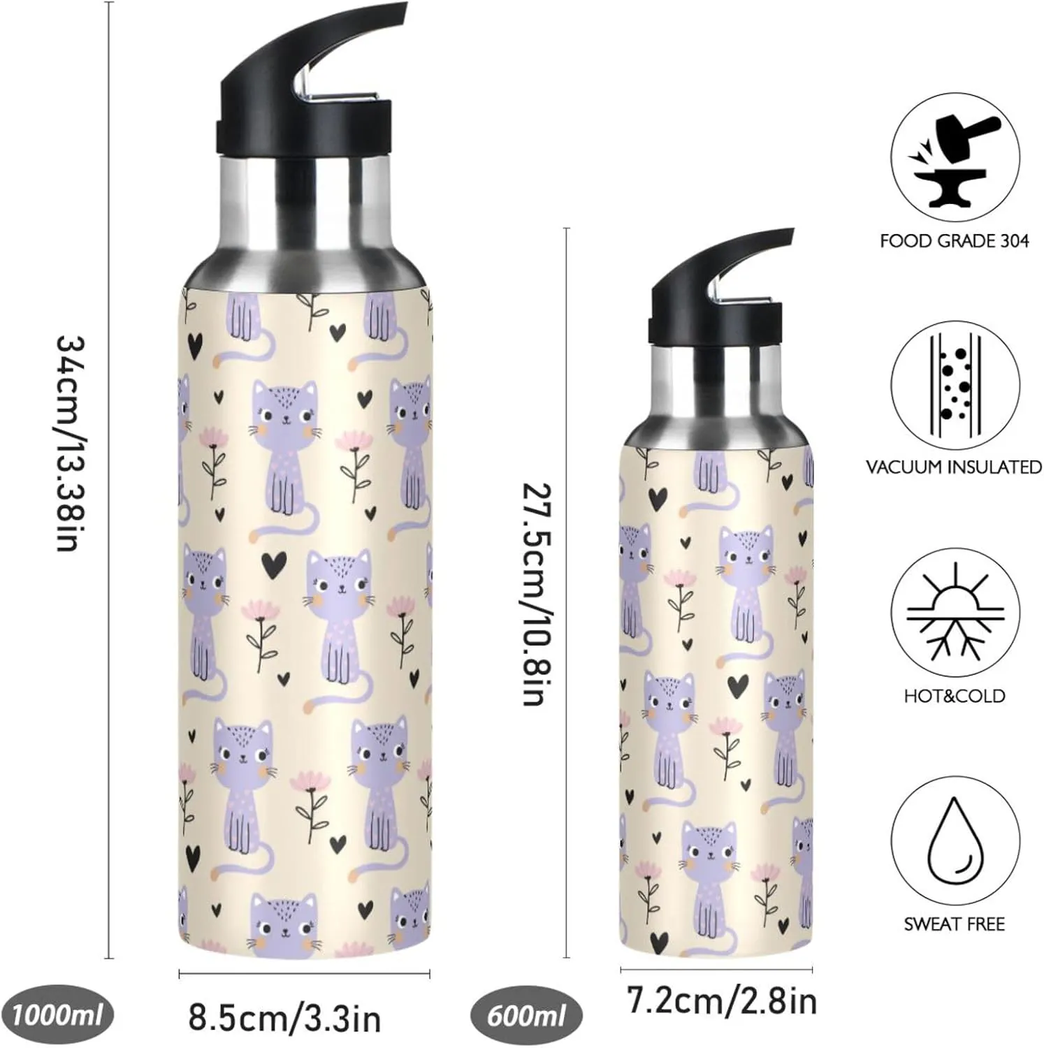 Cute Cats Water Bottle with Straw Lid Double Wall Flowers Thermos Bottle Vacuum Insulated Flask Stainless Steel Water Bottle for Gym Outdoor 20 OZ