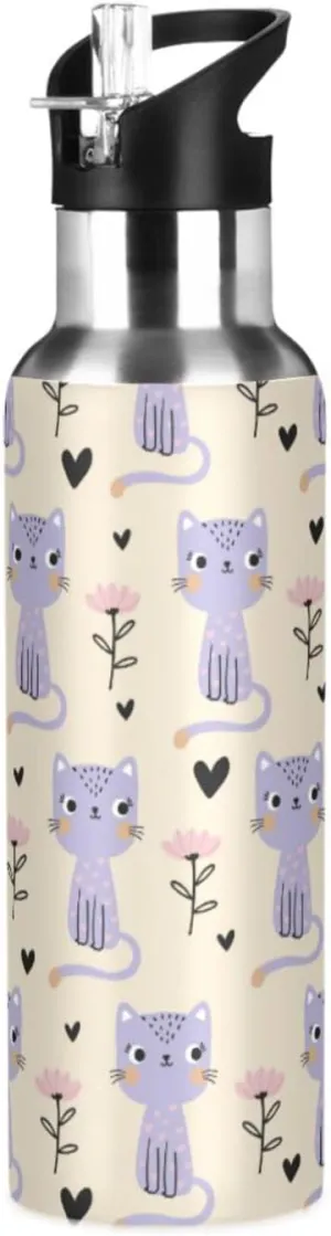 Cute Cats Water Bottle with Straw Lid Double Wall Flowers Thermos Bottle Vacuum Insulated Flask Stainless Steel Water Bottle for Gym Outdoor 20 OZ