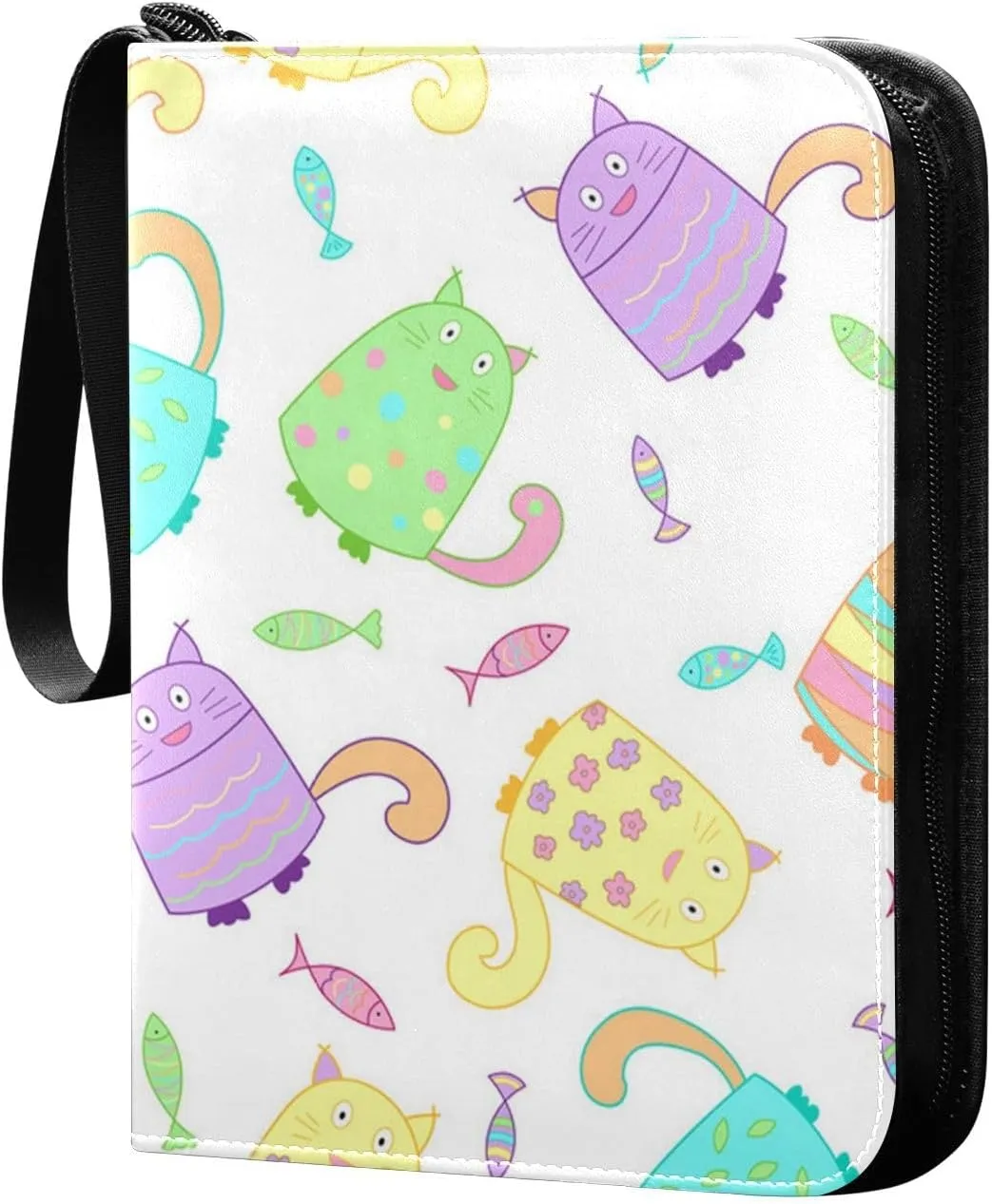 Cute Colorful Cat Card Binder for Trading Cards, 4 Pocket with 50 Sleeves up to 400 Cards, Double Sided Pockets Card Holder Carry Case for Baseball Card, Football Card, Gaming Cards