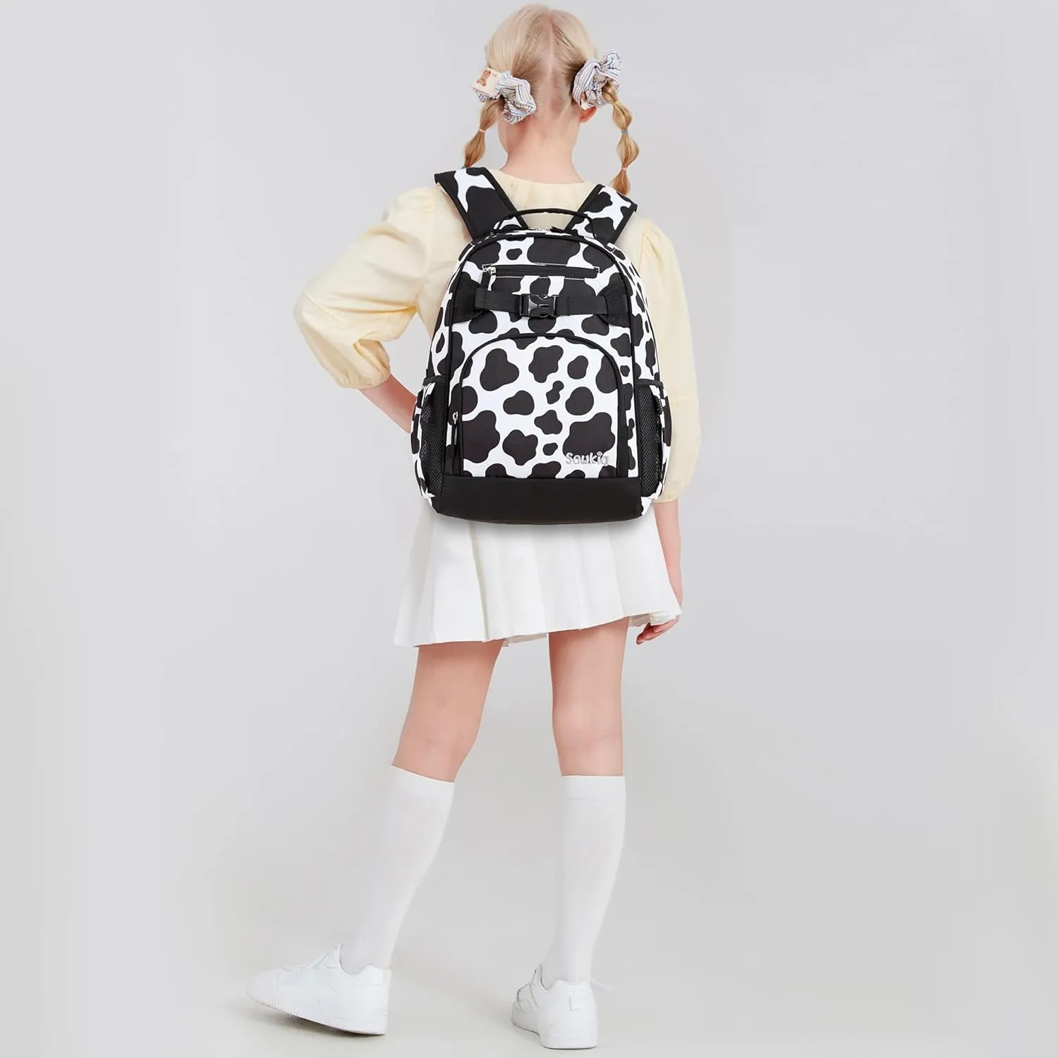 Cute Elementary School Backpack for Girls Primary School Bag Cow Print Backpack for Kids 6-10 (Black Cow Print)