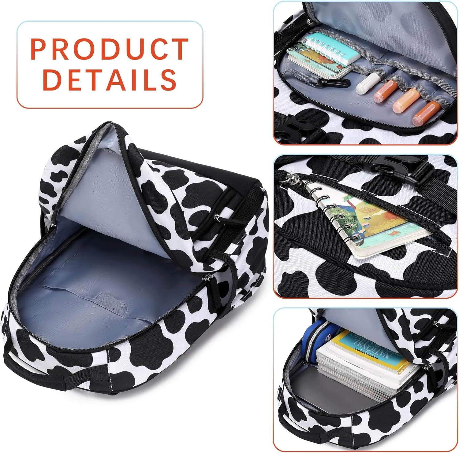Cute Elementary School Backpack for Girls Primary School Bag Cow Print Backpack for Kids 6-10 (Black Cow Print)