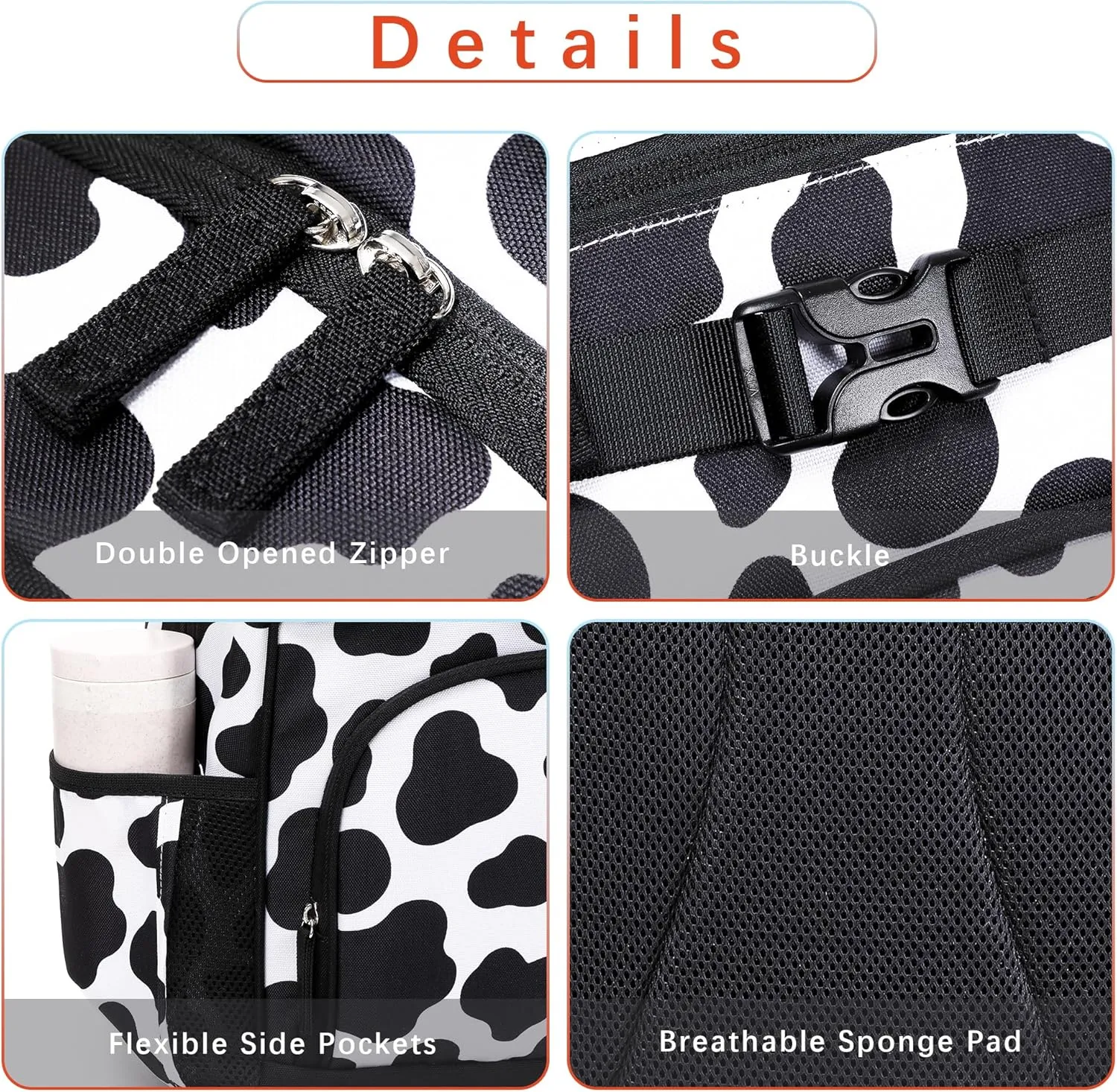 Cute Elementary School Backpack for Girls Primary School Bag Cow Print Backpack for Kids 6-10 (Black Cow Print)