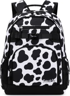 Cute Elementary School Backpack for Girls Primary School Bag Cow Print Backpack for Kids 6-10 (Black Cow Print)