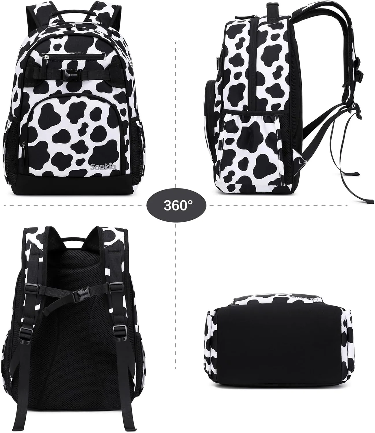Cute Elementary School Backpack for Girls Primary School Bag Cow Print Backpack for Kids 6-10 (Black Cow Print)