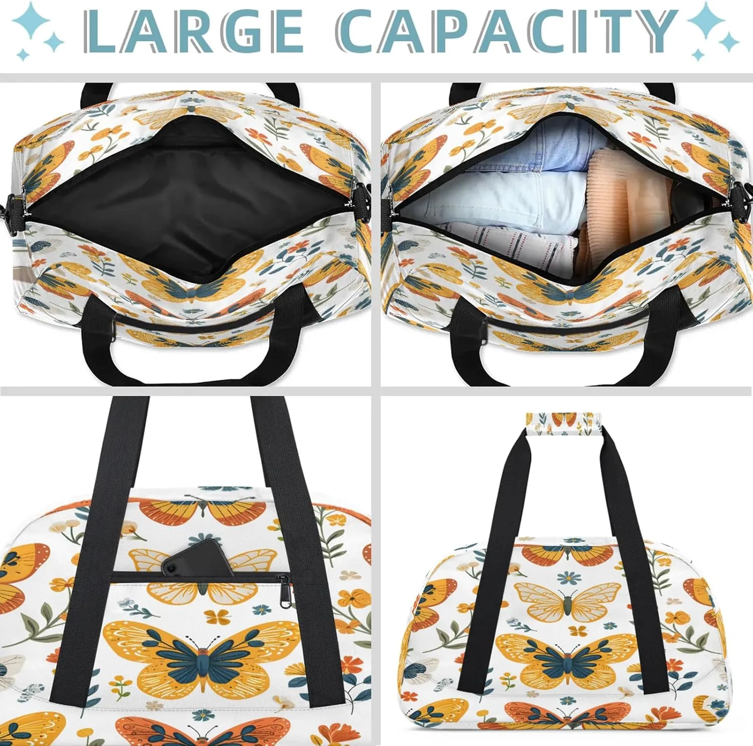 Cute Flower Butterfly Small Gym Bag 18 inch Carry On Duffel Bag for Weekender Travel Sports Workout Yoga Gymnastics Dance Ballet