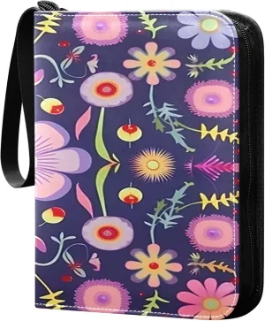 Cute Flower Pattern Card Binder 4 Pocket Collectible Trading Card Albums with 50 Sleeves Double Side PU Waterproof 3 Ring for Sports & Game Cards