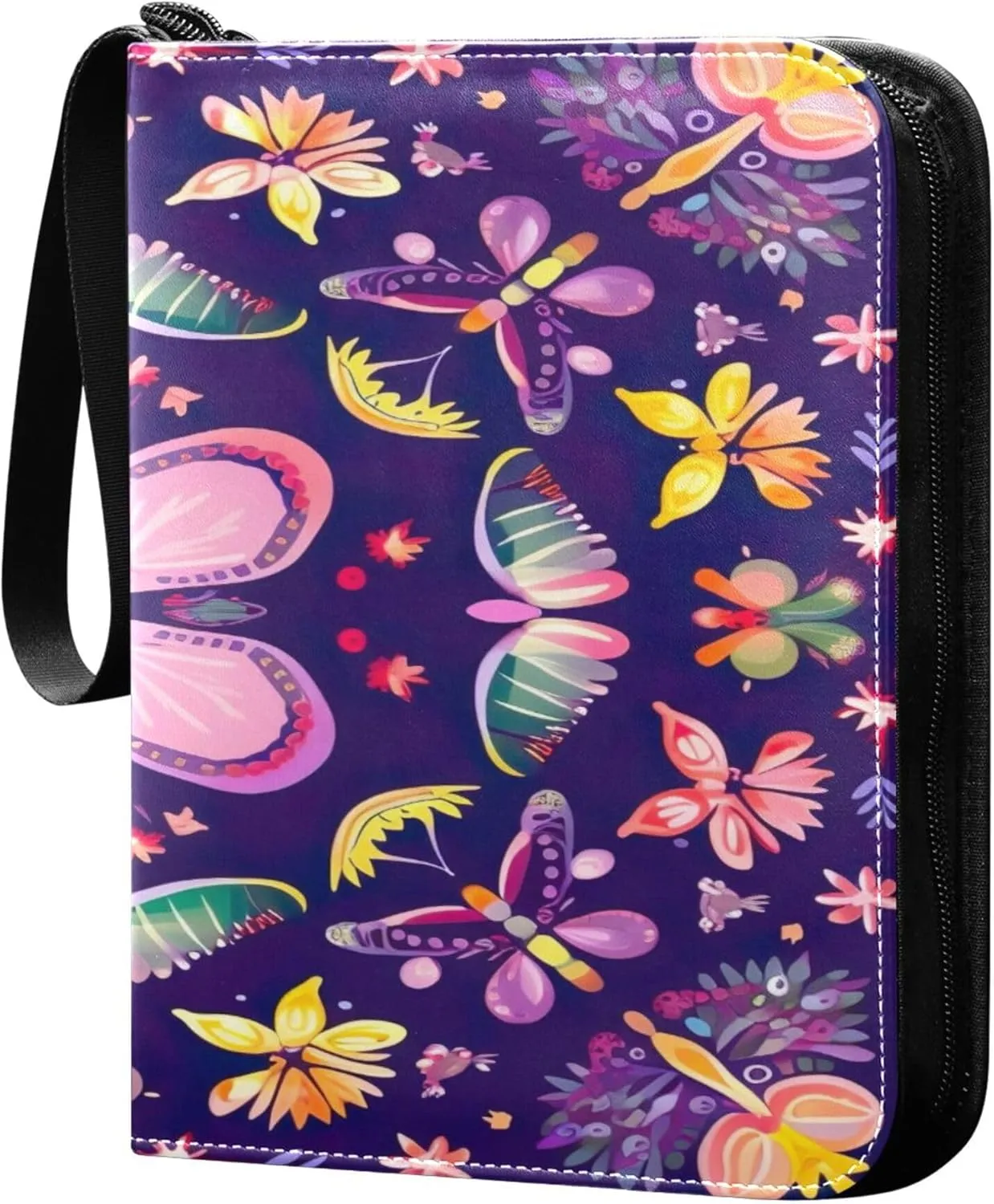 Cute Flower Pattern Card Binder 4 Pocket Collectible Trading Card Albums with 50 Sleeves Double Side PU Waterproof 3 Ring for Sports & Game Cards