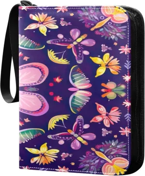 Cute Flower Pattern Card Binder 4 Pocket Collectible Trading Card Albums with 50 Sleeves Double Side PU Waterproof 3 Ring for Sports & Game Cards