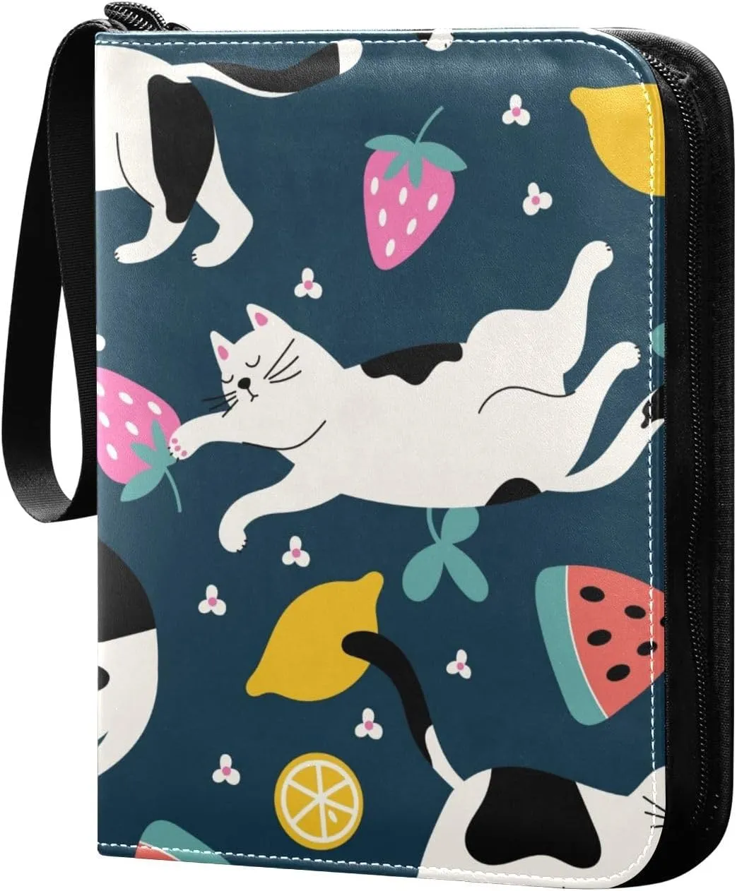 Cute Fruits and Cats Pattern Card Binder for Trading Cards, 4 Pocket with 50 Sleeves up to 400 Cards, Double Sided Pockets Card Holder Carry Case for Baseball Card, Football Card, Gaming Cards