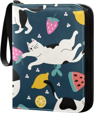 Cute Fruits and Cats Pattern Card Binder for Trading Cards, 4 Pocket with 50 Sleeves up to 400 Cards, Double Sided Pockets Card Holder Carry Case for Baseball Card, Football Card, Gaming Cards