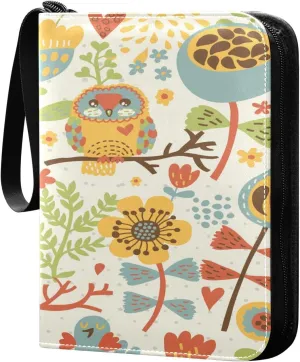 Cute Owls with Colorful Flowers Floral Card Binder for Trading Cards, 4 Pocket with 50 Sleeves up to 400 Cards, Double Sided Pockets Card Holder Carry Case for Baseball Card, Football Card, Gaming Car