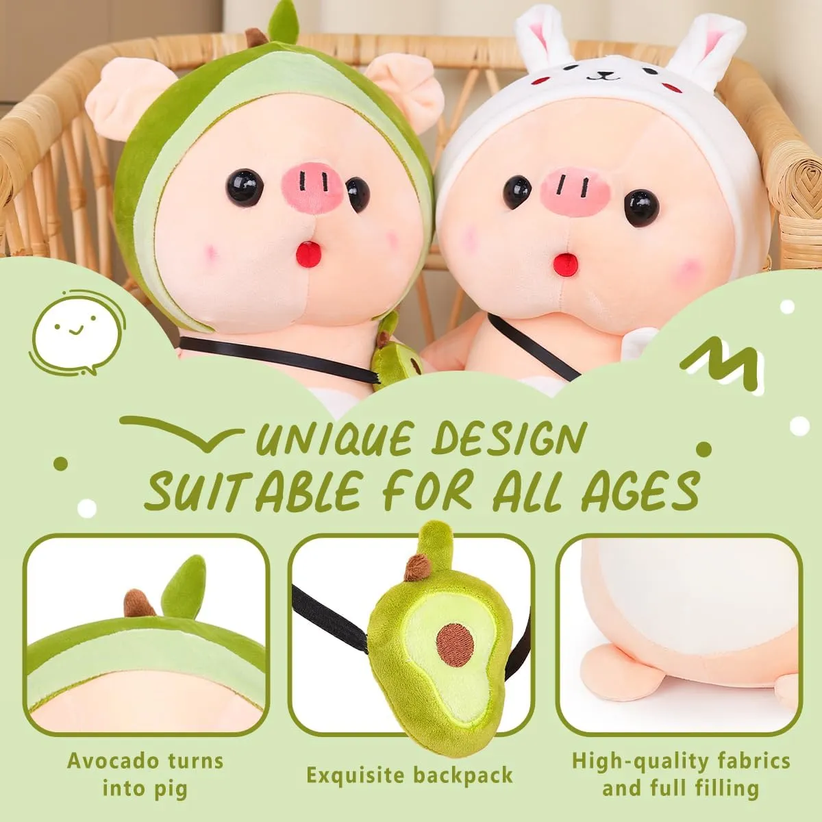 Cute Pig Stuffed Animal, 15.7" Pig Plush with Avocado Outfit, Plushies for Girls, Christmas Birthday Gift