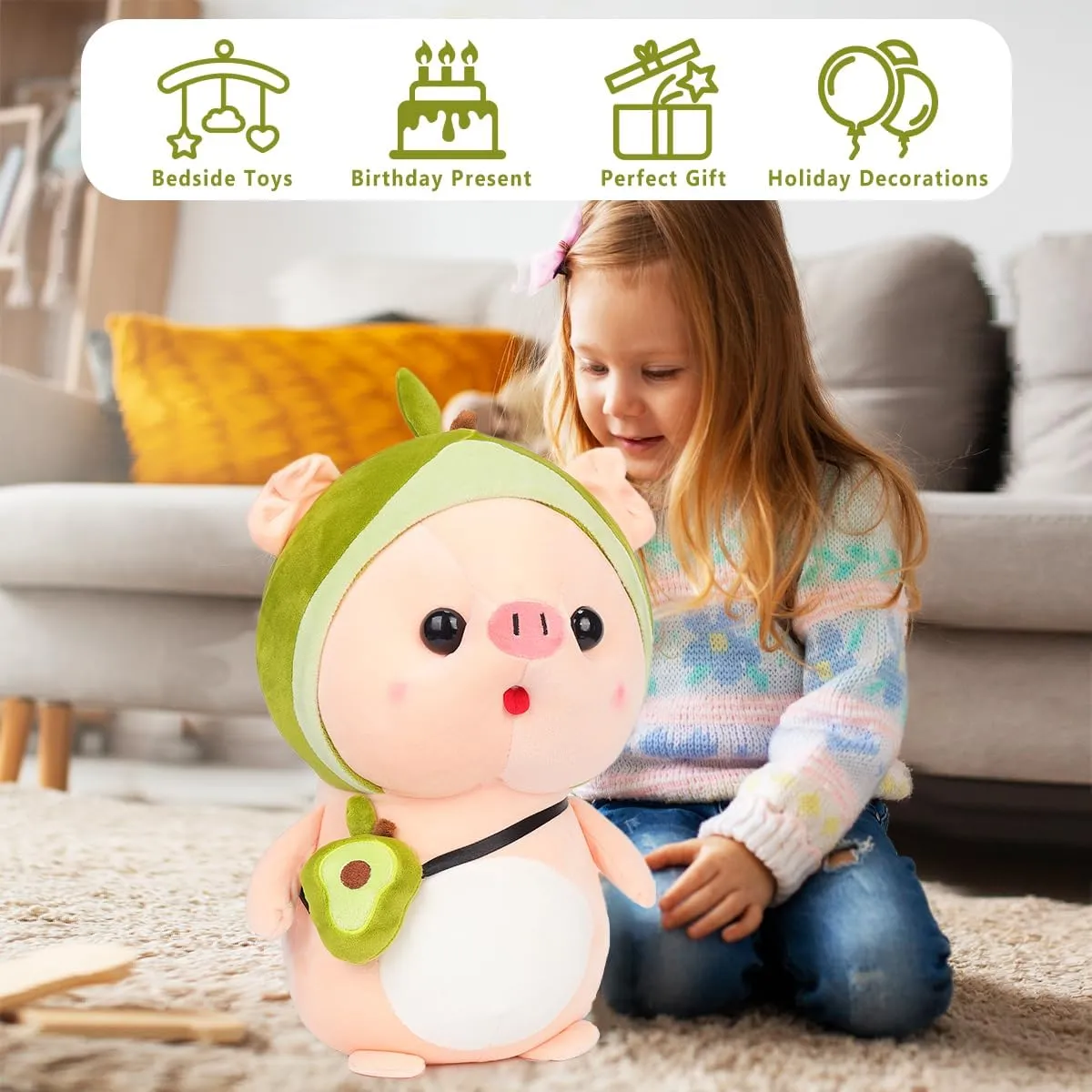 Cute Pig Stuffed Animal, 15.7" Pig Plush with Avocado Outfit, Plushies for Girls, Christmas Birthday Gift