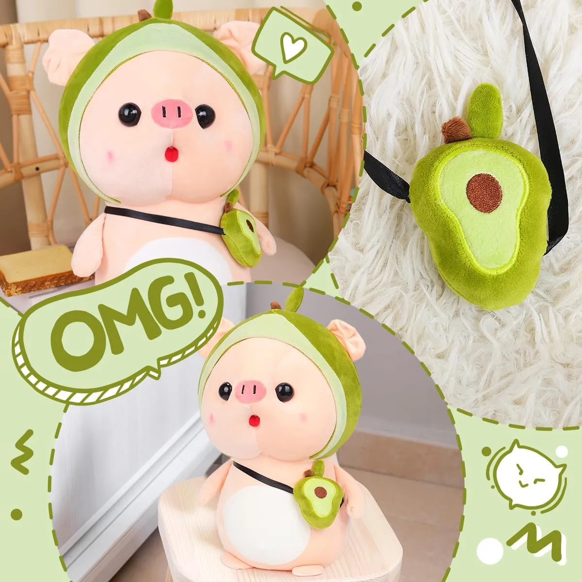 Cute Pig Stuffed Animal, 15.7" Pig Plush with Avocado Outfit, Plushies for Girls, Christmas Birthday Gift