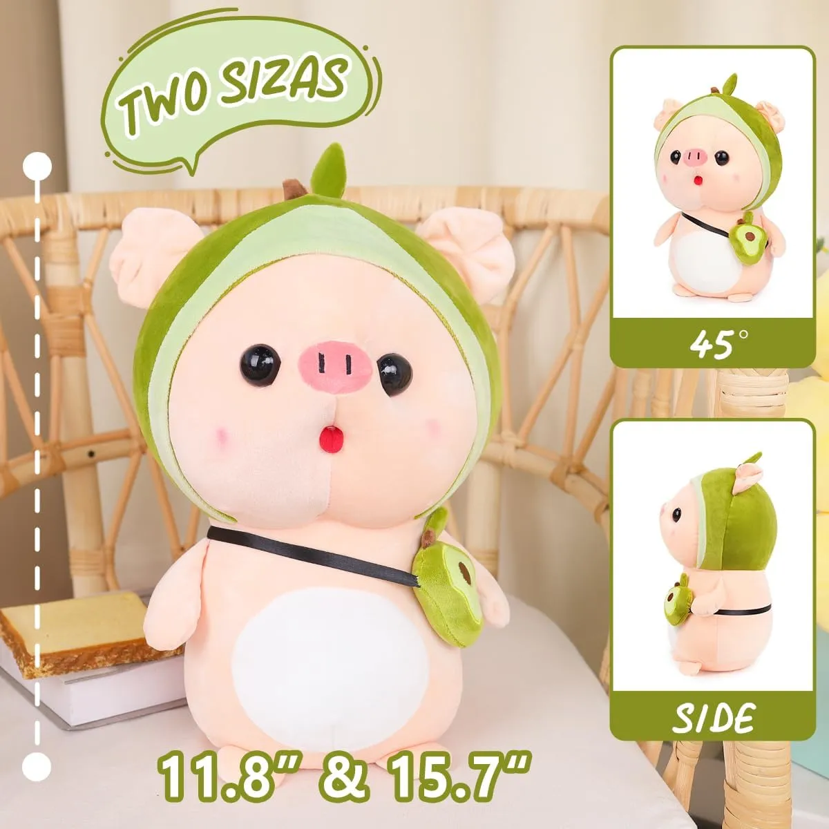 Cute Pig Stuffed Animal, 15.7" Pig Plush with Avocado Outfit, Plushies for Girls, Christmas Birthday Gift