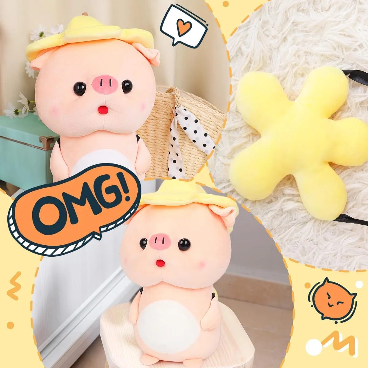 Cute Pig Stuffed Animal, 15.7" Pig Plush with Banana Hat and Flower Bag, Plushies for Girls, Christmas Birthday Gift