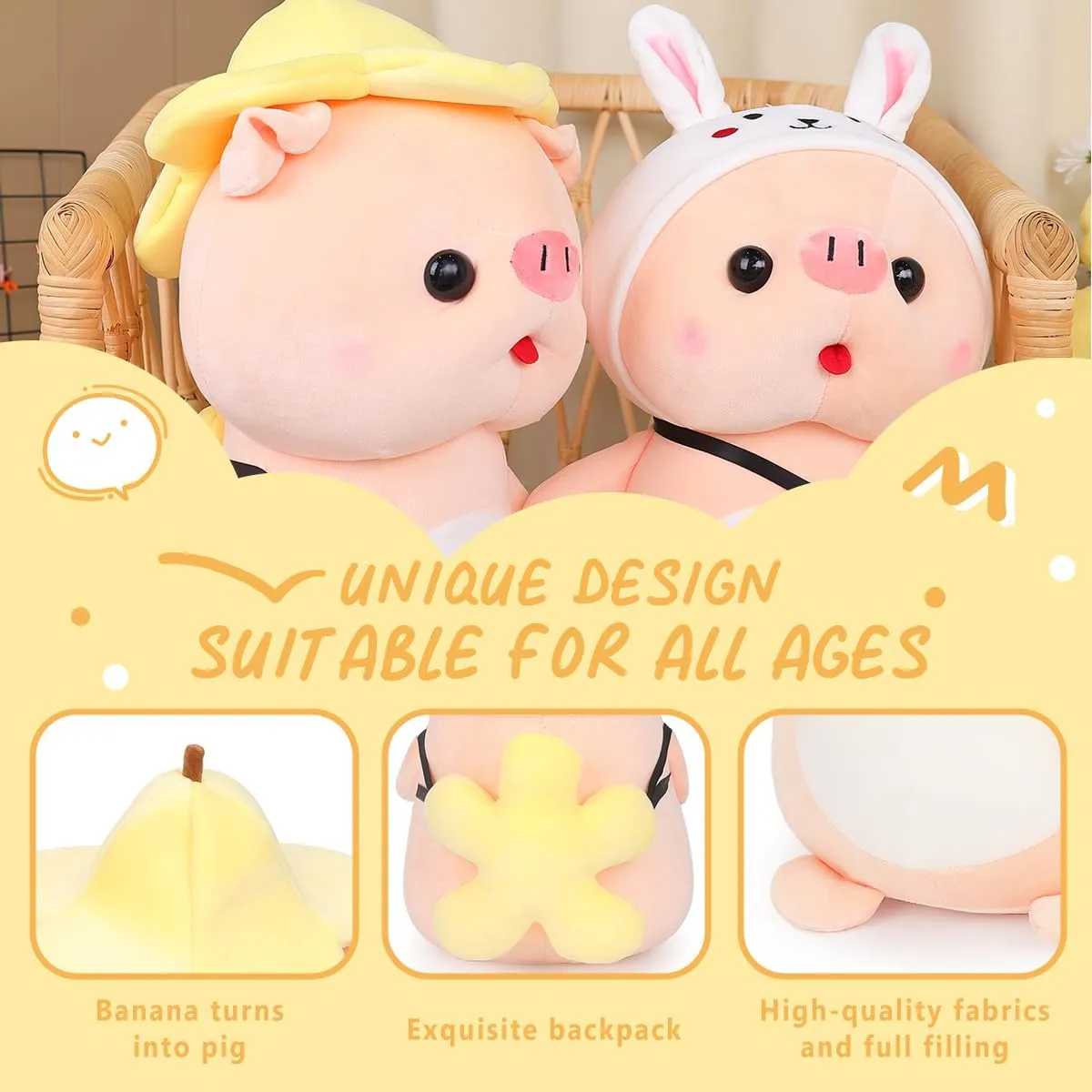 Cute Pig Stuffed Animal, 15.7" Pig Plush with Banana Hat and Flower Bag, Plushies for Girls, Christmas Birthday Gift