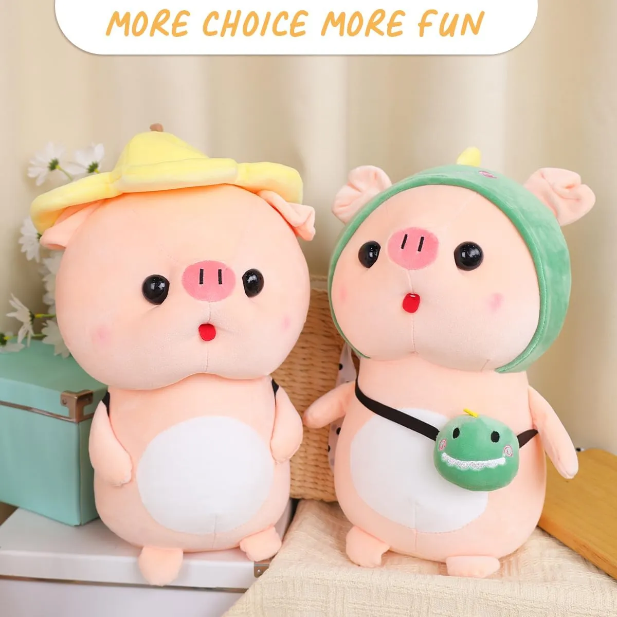 Cute Pig Stuffed Animal, 15.7" Pig Plush with Banana Hat and Flower Bag, Plushies for Girls, Christmas Birthday Gift
