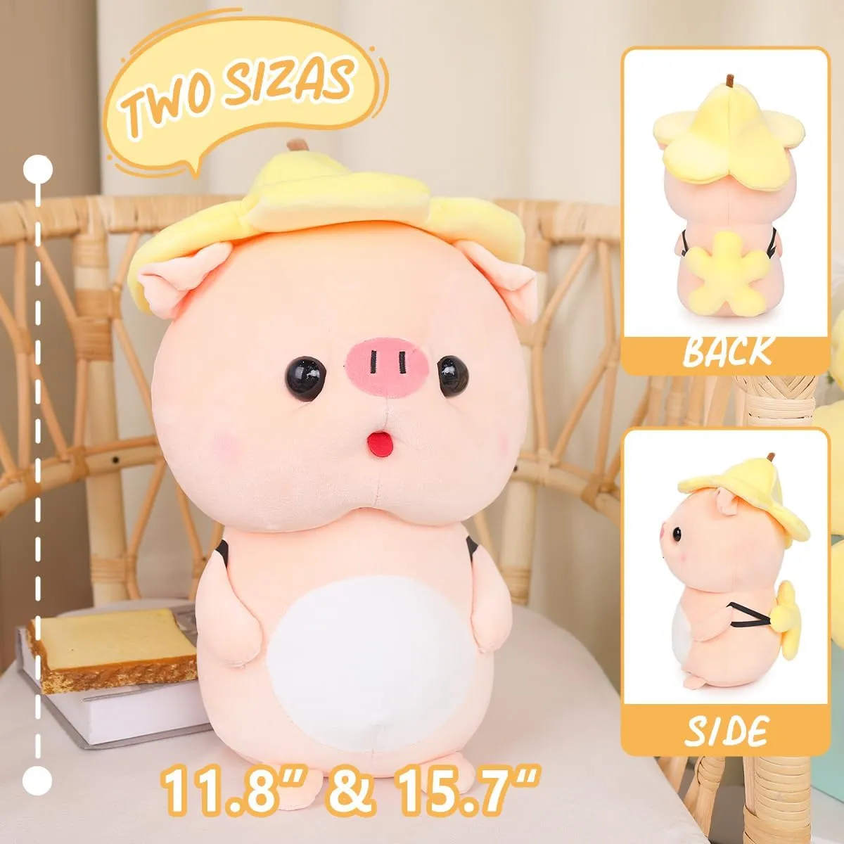 Cute Pig Stuffed Animal, 15.7" Pig Plush with Banana Hat and Flower Bag, Plushies for Girls, Christmas Birthday Gift