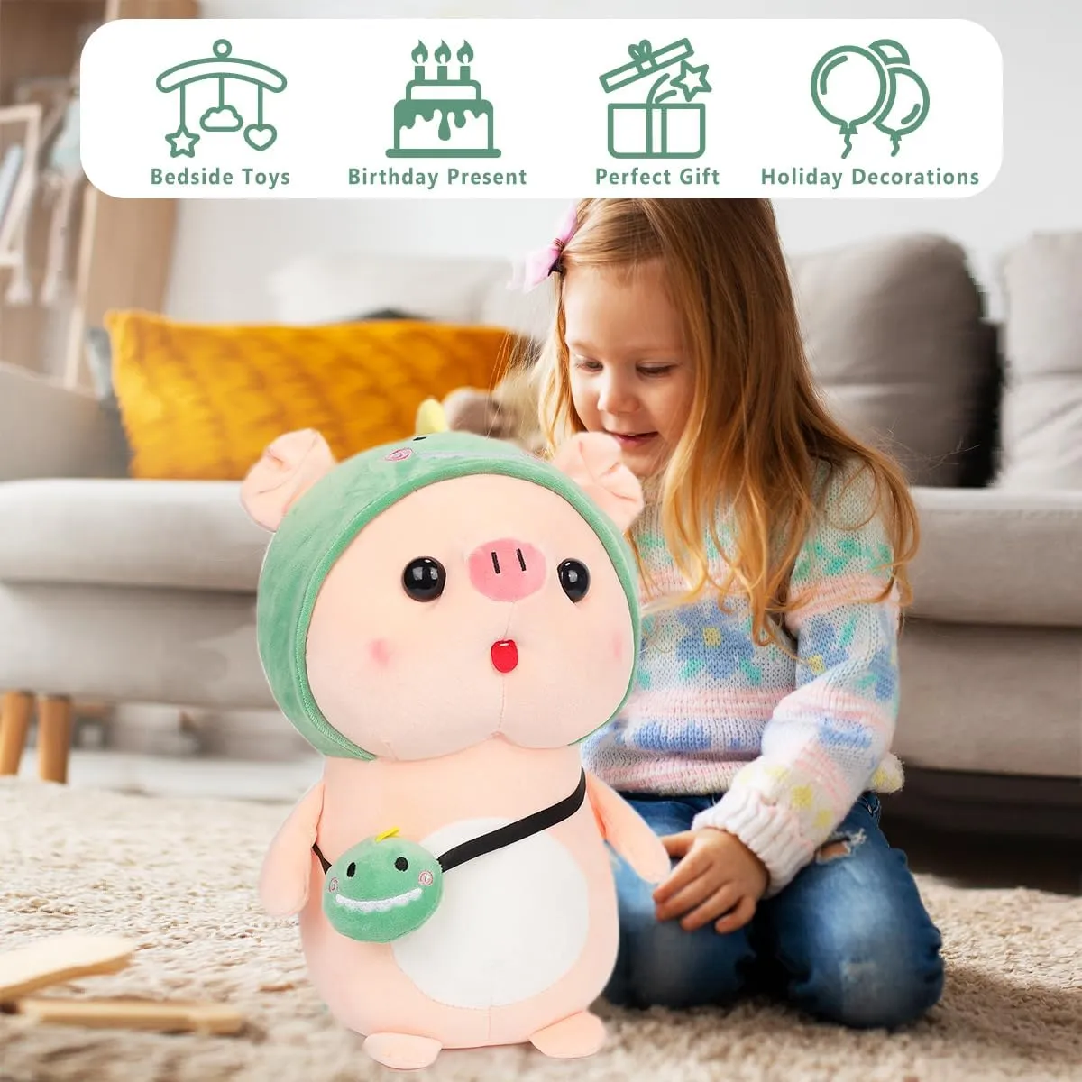 Cute Pig Stuffed Animal, 15.7" Pig Plush with Dinosaur Outfit, Plushies for Girls, Christmas Birthday Gift