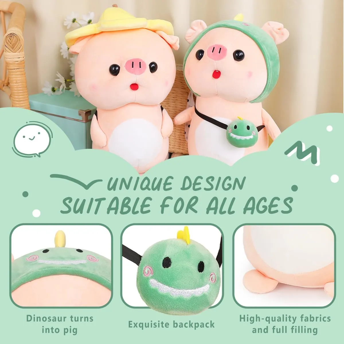 Cute Pig Stuffed Animal, 15.7" Pig Plush with Dinosaur Outfit, Plushies for Girls, Christmas Birthday Gift