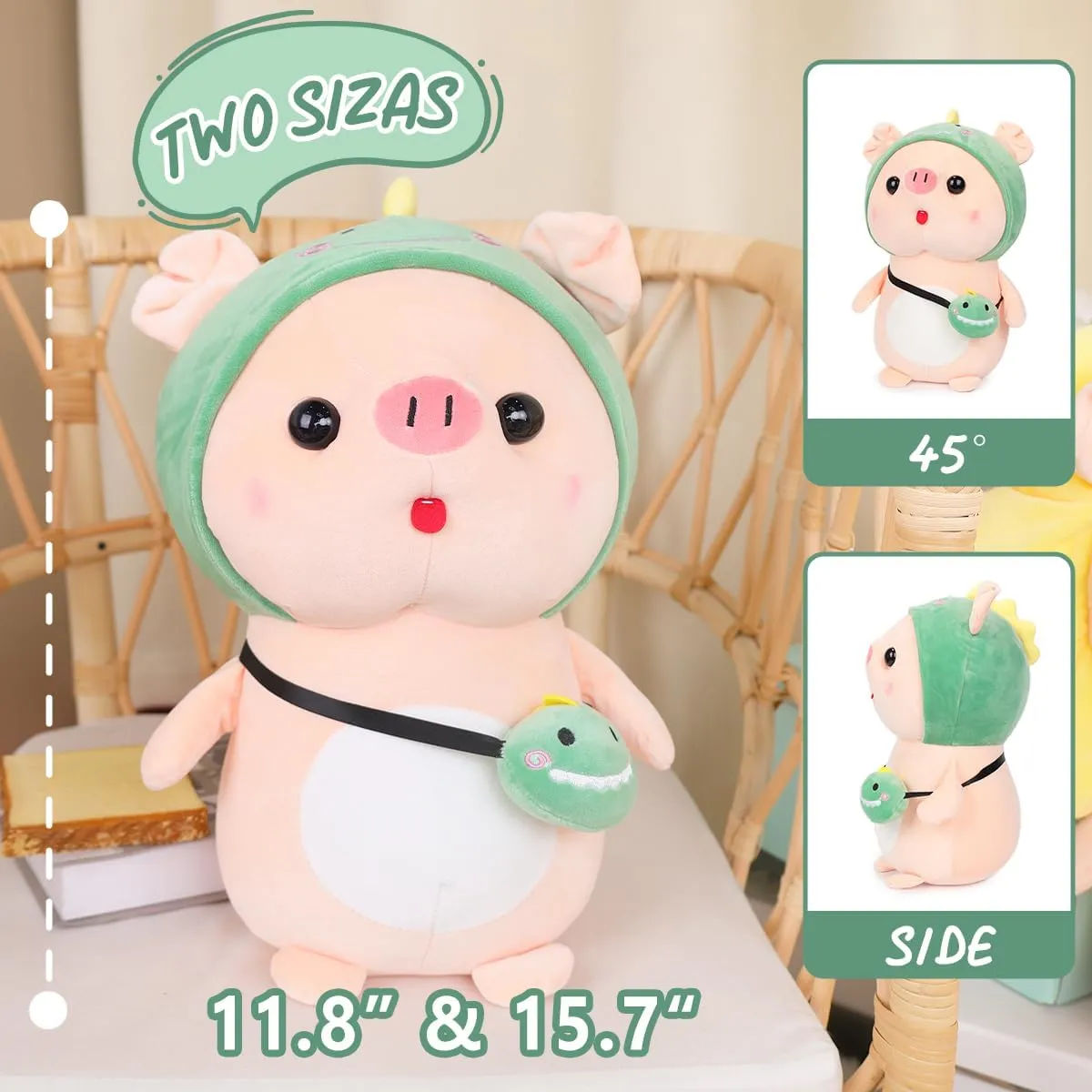 Cute Pig Stuffed Animal, 15.7" Pig Plush with Dinosaur Outfit, Plushies for Girls, Christmas Birthday Gift