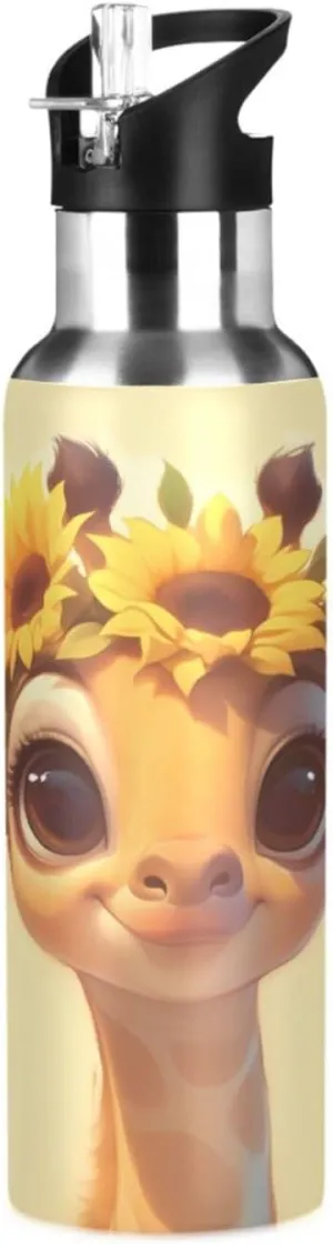 Cute Yellow Giraffe Sunflower Water Bottle Women Men Insulated Stainless Steel Water Bottles with Straw Lid Leakproof Water Flask for Sports 20 oz