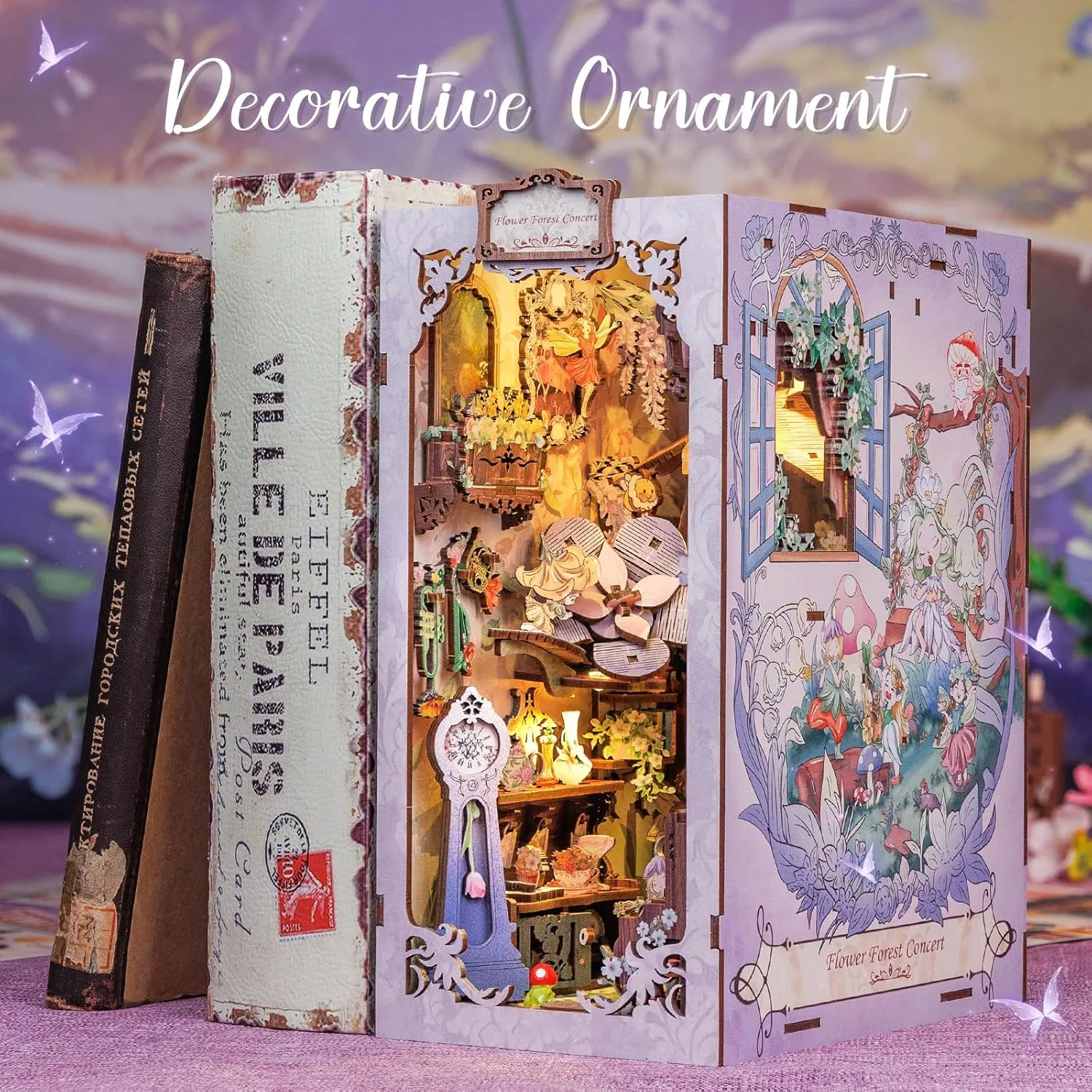 Cutefun Book Nook Kit - Dollhouse Book Nook Miniature House Kit for Bookshelf Insert Decor Crafts for Adults, 3D Wooden Puzzle Bookends, Gifts for Family and Friends (Flower Forest Concert)