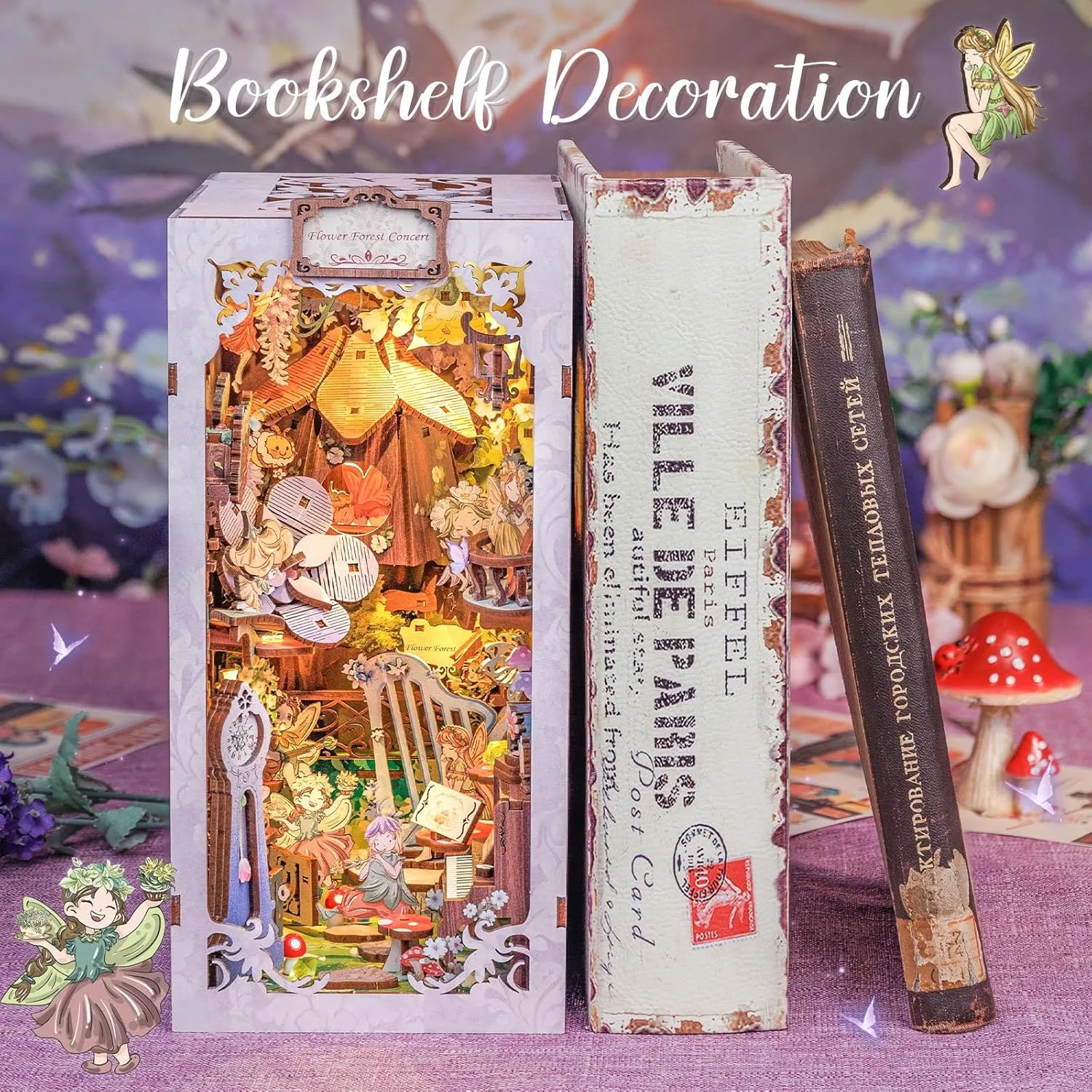 Cutefun Book Nook Kit - Dollhouse Book Nook Miniature House Kit for Bookshelf Insert Decor Crafts for Adults, 3D Wooden Puzzle Bookends, Gifts for Family and Friends (Flower Forest Concert)